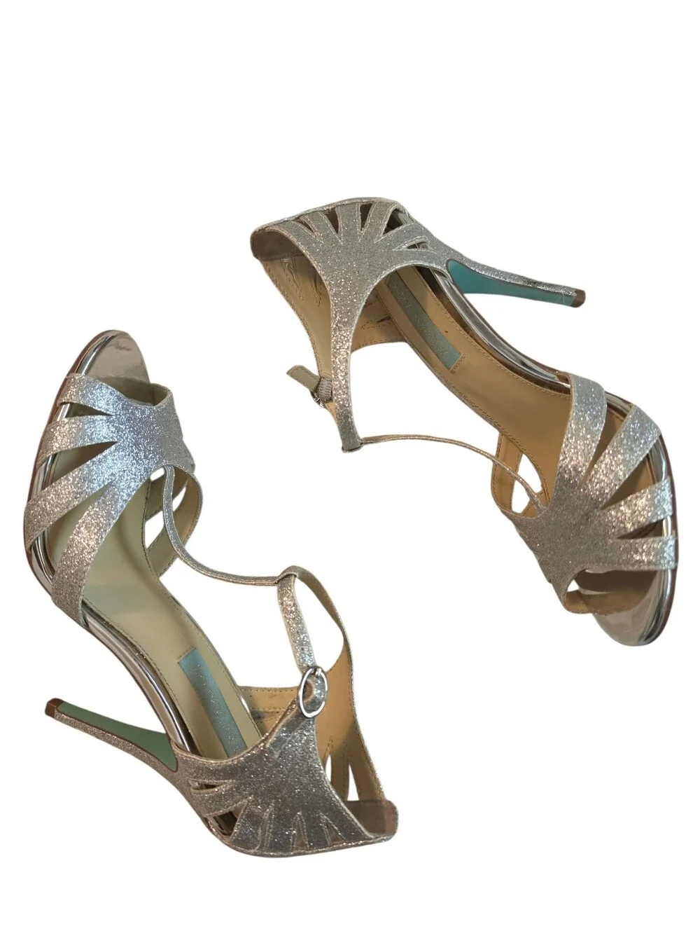 Betsey Johnson Blue SB-TEE Silver Glitter T-Strap Heeled Sandals, Size 8